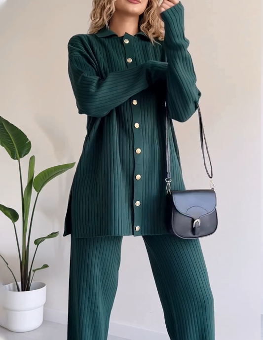 Adeline | Striped Jacquard Button-Knit Two-Piece Set
